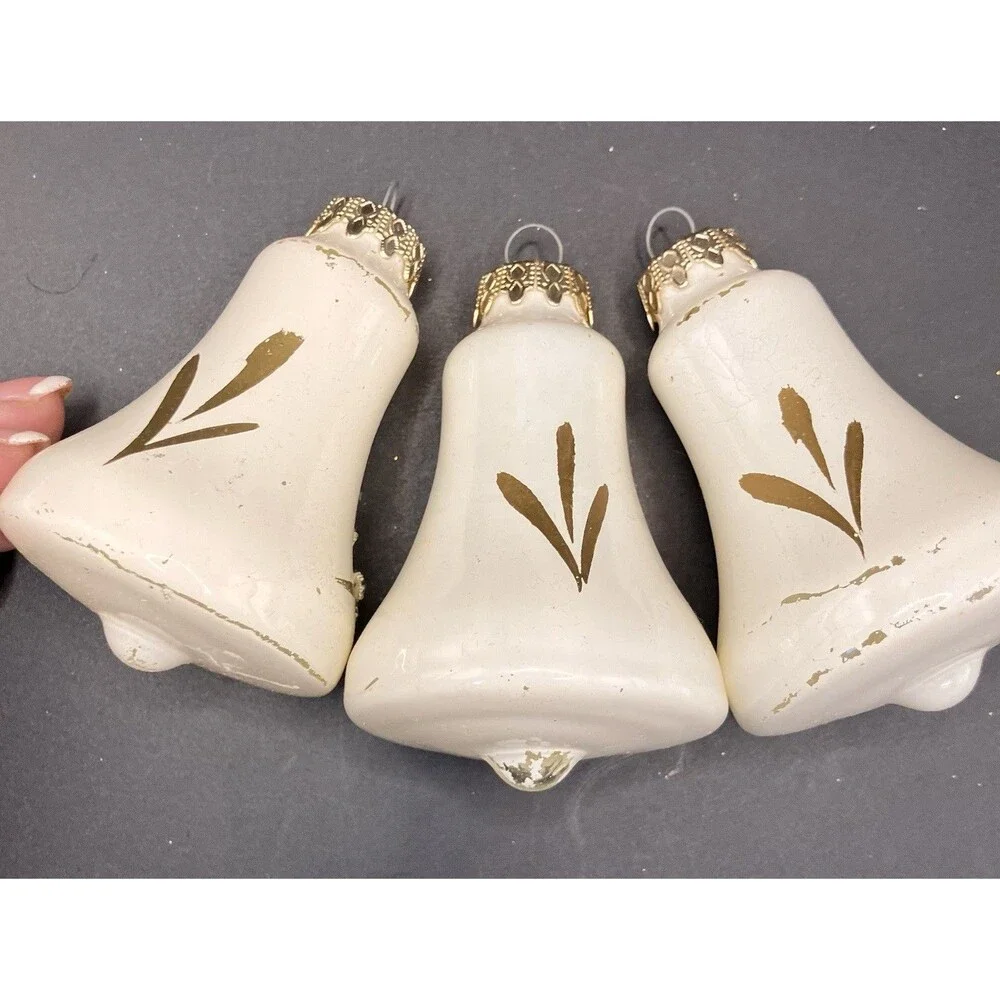 Vintage Set of 3 Glass Bell Christmas Ornaments West Germany 3” Floral